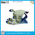 Delicate noble peacock coffee cup set with saucer and spoon